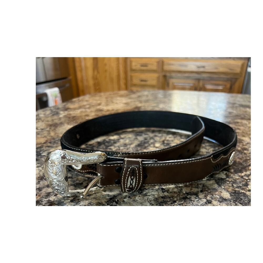Nocona Southwest Inlay belt Silver Concho, black & Brown, leather N2475701